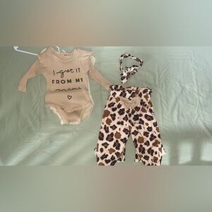 Beige Baby Outfit with Leopard Print Pants and Headband